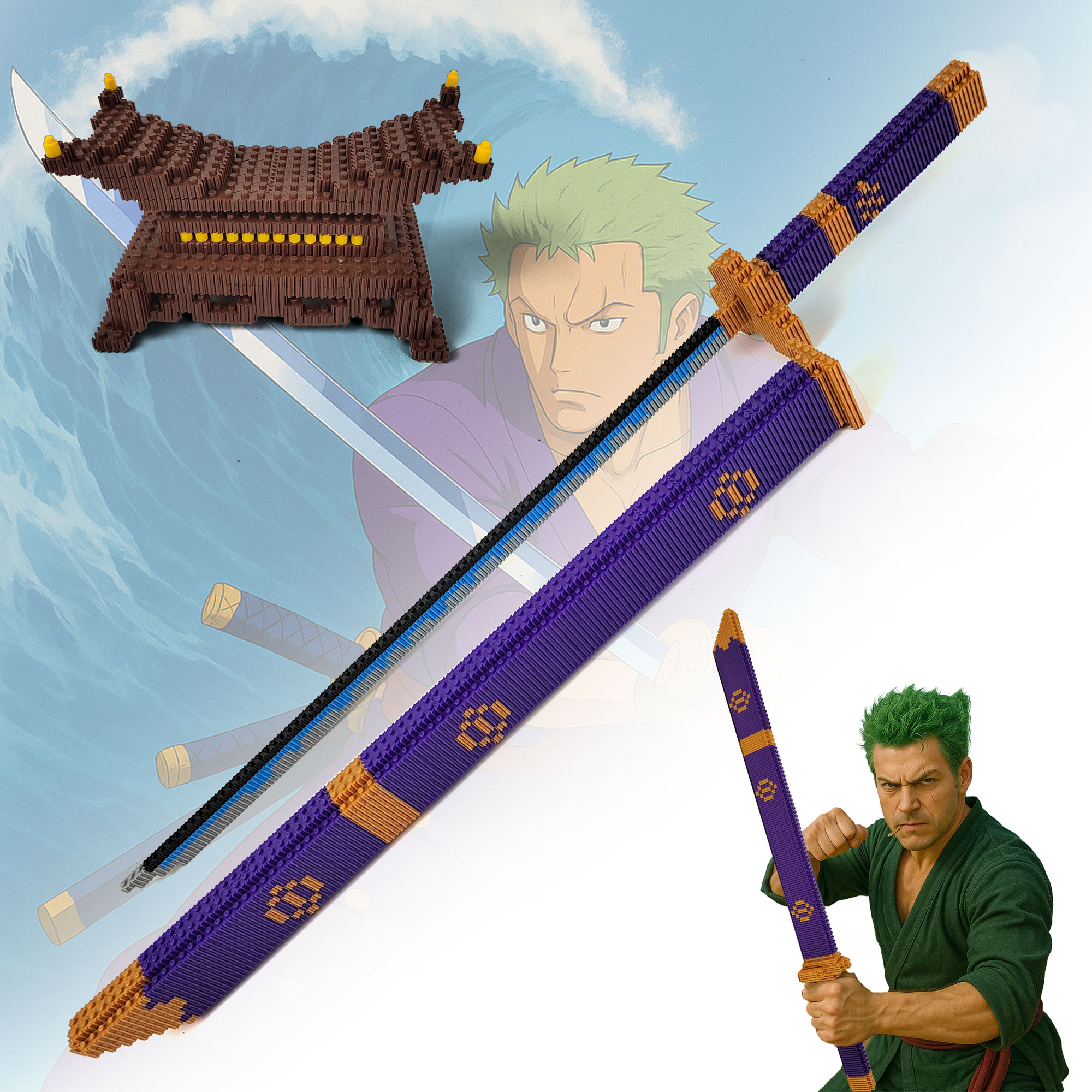 One Piece - Oden's Enma Schwert mit Scheide und Ständer, lila, Blockstein Version